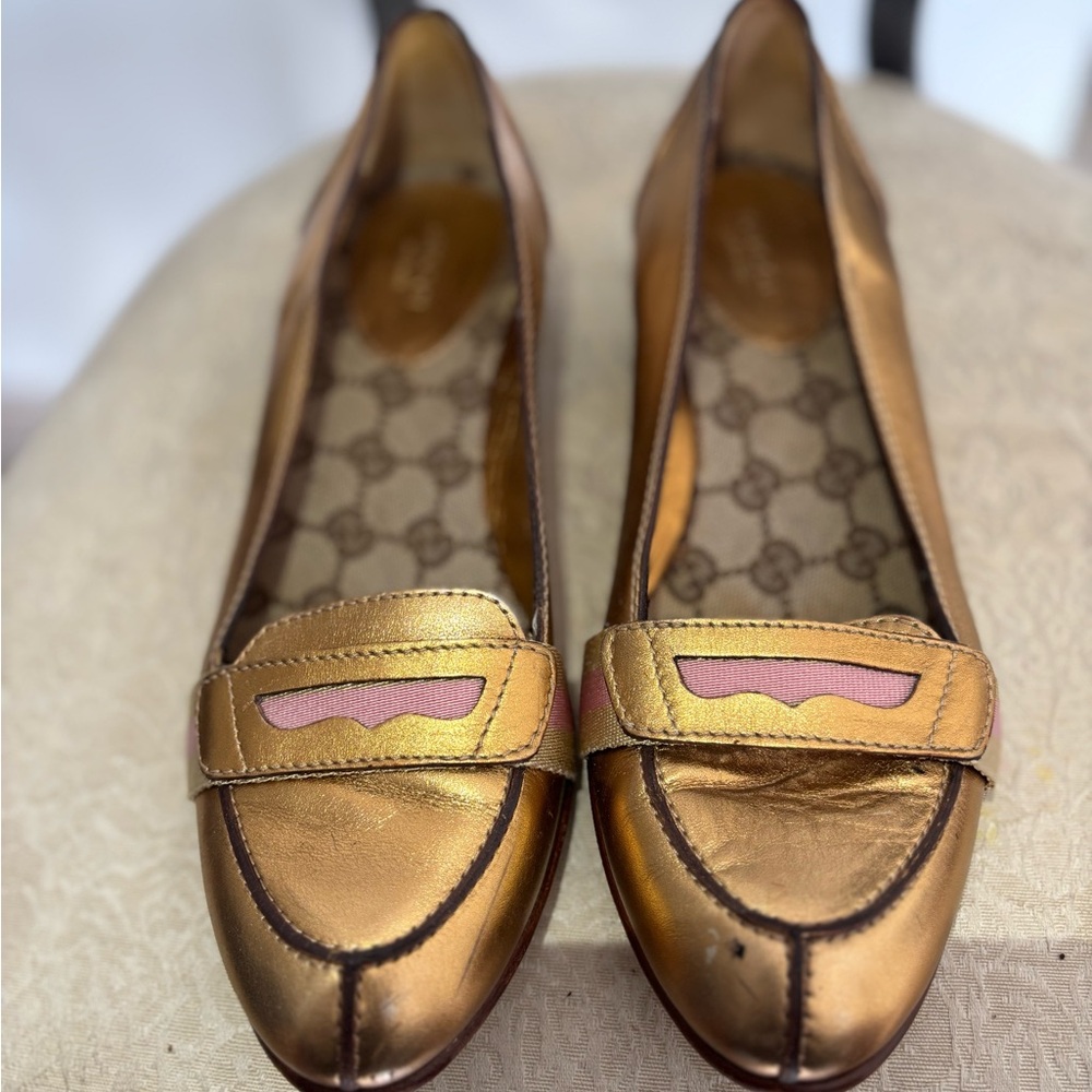Gold and Pink Metallic Flats with Loafer Style